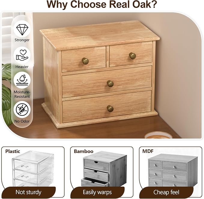 Oak Desk Organizer with Drawers, Durable Wooden Desktop Storage Box | 4 Drawer Tabletop Organizer with Metal Handle & Non-Slip Pad for Office, Bedroom, Bathroom, Vanity, Makeup, Light Burnt Brown - Image 3