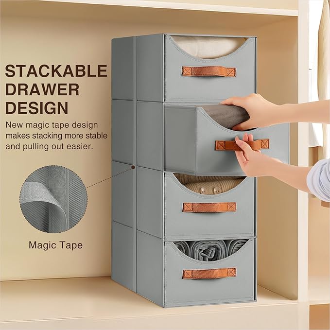 Stackable Storage Drawers - Collapsible Storage Bins with Drawers, 8 Pack Closet Shelf Organizer Basket, Fabric Pull Out Organizer for Bedroom, Living Room, Dorm, Grey - Image 4