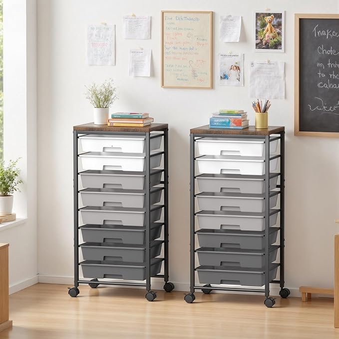 Rolling Cart with 8 Drawers, Plastic Drawer Storage Carts with Wheels & Wooden Tabletop, Metal Utility Cart Organizer for Bedroom Living Room Office Classroom Craft Organization and Storage, Grey - Image 3