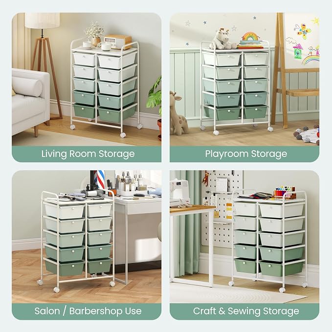 Giantex 10 Drawers Rolling Cart, Classroom Organizers, Storage Cart with Wheels, for Teacher Office Home School Supplies Tool Craft Art Paper, Green Gradient - Image 5