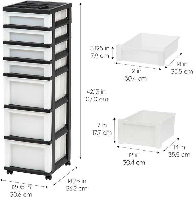 IRIS USA 7-Drawer Rolling Storage Cart, Black/Pearl | Keep craft supplies, office essentials, classroom items, and accessories organized with easy-access drawers for daily use - Image 3