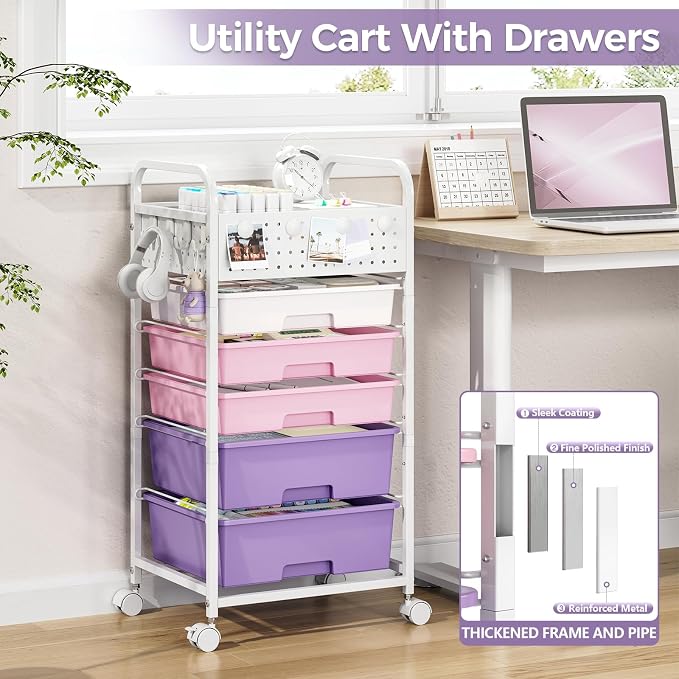 5 Drawer Rolling Storage Cart with Pegboard Top and Hooks, Dreamy Color | Mobile Organizer Cart with Wheels for Office Supplies, Craft Storage, Classroom Organization, Home Utility Cart - Image 6