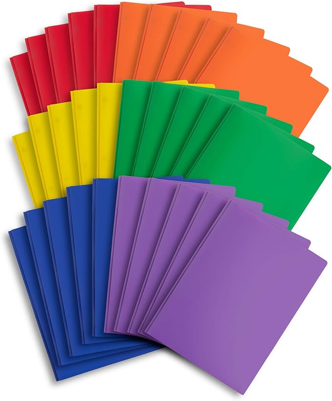Blue Summit Supplies 30 Plastic 2 Pocket Folders with Prongs, Assorted | Durable 0.35mm poly, 2 pockets, for school, office, and report organization by BlueSummitSupplies