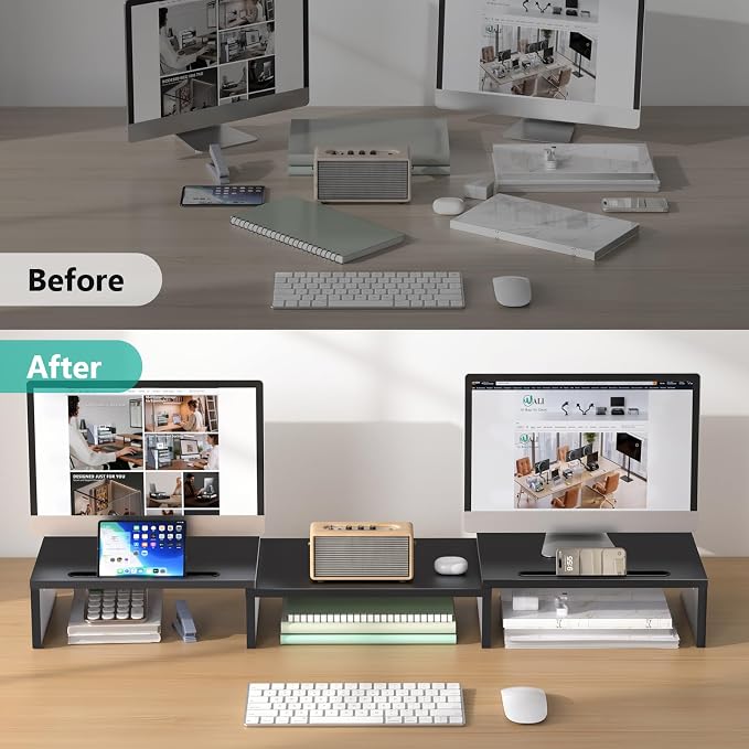 WALI Extra Long Wooden Dual Monitor Stand Riser with 2 Slots, up to 22lbs | Underneath Storage, Adjustable Length & Angle, Multi-Purpose Desktop Organizer Desk Shelf for Home Office PC, Laptop, Printer - Image 3