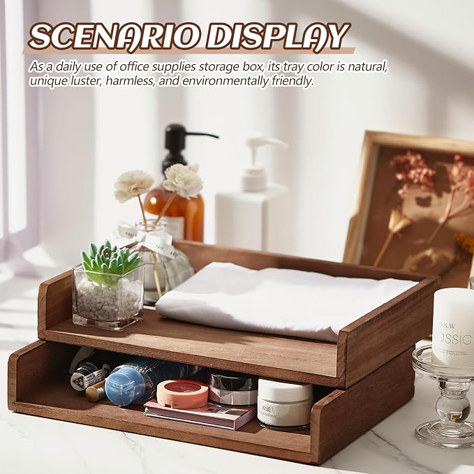 Yeaqee 4 Pcs Stackable Paper Organizer Tray Wood Desk Organizer Letter Tray Desktop Letter Size Office Wooden Desk Shelf Paper Holder Folder Organization Rack for Mail File Document(Dark Wood Color) - Image 5