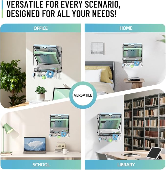 3-Tier Wall File Organizer with 5 Hooks, Wall Mounted Mail Organizer | File Holder Organizer, Metal Mesh Office Wall Organizer for Home, School & Classroom - Image 6