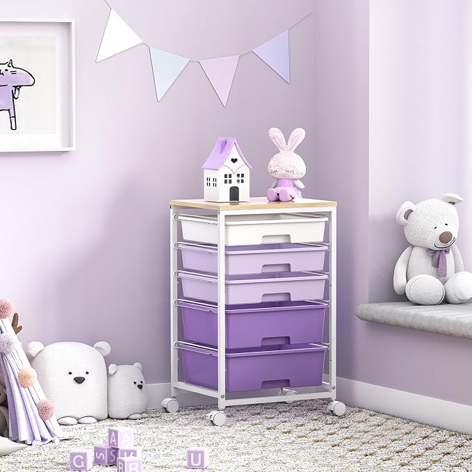 SYKIARIOL Utility Cart with 5 Drawers with Wooden Top,Purple | 5-Tiers Storage Cart with Drawers with Lockable Wheels for Craft Organizers and Storage,Home Office,Classroom,Dorm ,Playroom - Image 8