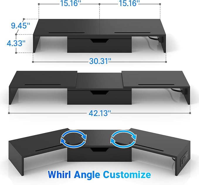 Dual Monitor Stand with USB Ports Wood Monitor Stand Riser with Drawer | Adjustable Desk Shelf,Desk Organizer for Computer,Laptop,Study&Office,No Assembly Required,Black - Image 2