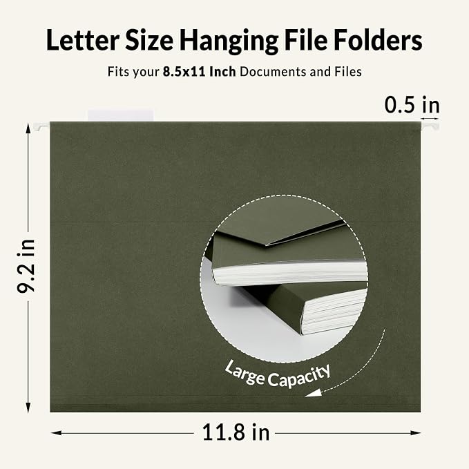 SUNEE Hanging File Folders, 100 Pack Reinforced Hang Folders Letter Size, Adjustable 1/5-Cut Tabs, Designed for Bulky Files, Filing Cabinet, Standard Green - Image 4