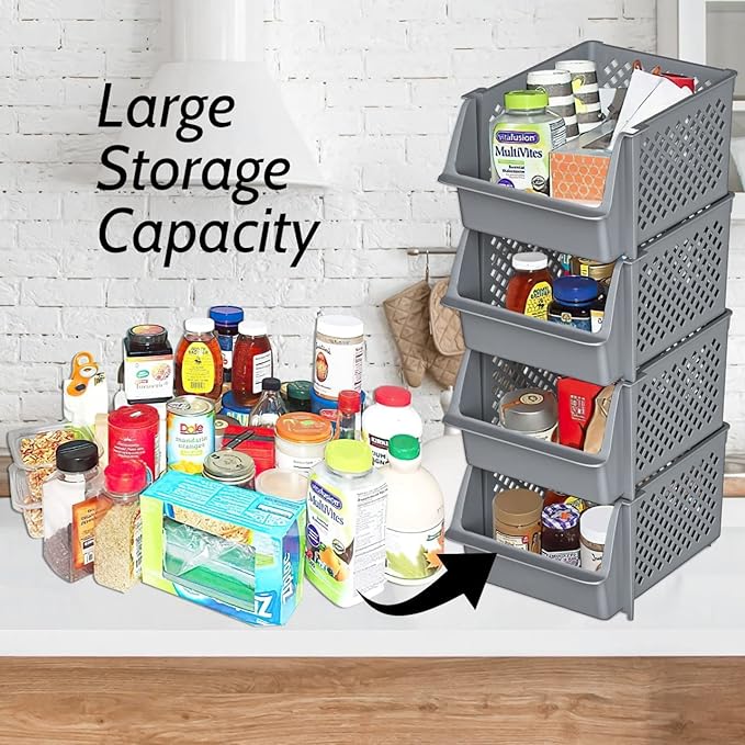 Skywin Stackable Storage Bins Open Front for Pantry Storage, 4 Pack - Grey | Sturdy Plastic, Easy Stacking, Open Front Access, Ventilated Sides, Vertical & Space Saving Pantry Organizers and Storage Bin - Image 3