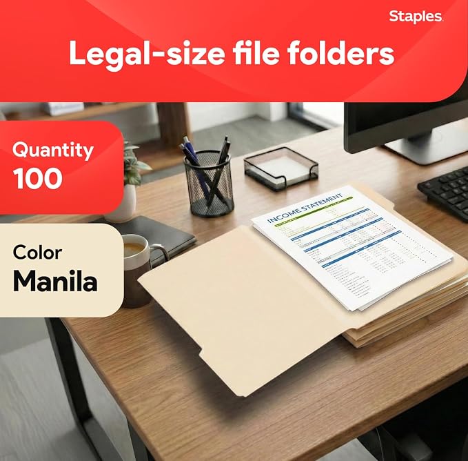 Staples Recycled File Folders, Legal Size, 1/3-Cut Tabs, Manila, 100/Bx | Manila stock with durable tabs for everyday document organization. - Image 2
