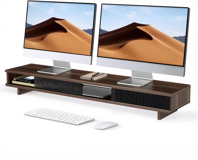Dual Monitor Stand Riser with Storage Drawer for Desk Organization | Fits Dual 32" Monitors, Walnut Finish, Hidden Storage, Ergonomic Height, Holds 110lbs, No Flex, Quick Setup - Image 6
