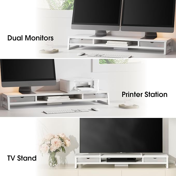 Fenge Dual Monitor Stand Riser, 42.5in Desk Shelf with 2 Drawers, White | 2-Tier Monitor Shelf for Desk, Storage Drawer with Stopper, Frosted, fit Home Office, Ultrawide Screen, PC, Laptop, TV - Image 8
