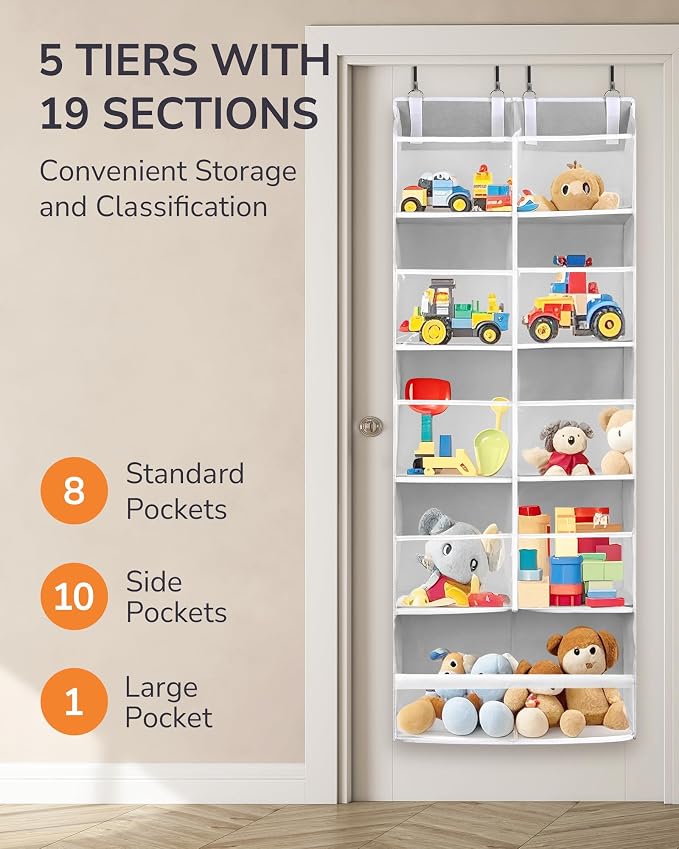 ULG Over the Door Organizer, 5-Tier Extra Large Hanging Storage with 10 Mesh Pockets, 100 lbs Capacity, Heavy Duty Door Organizer for Closet, Bedroom, Nursery Light Grey - Image 3
