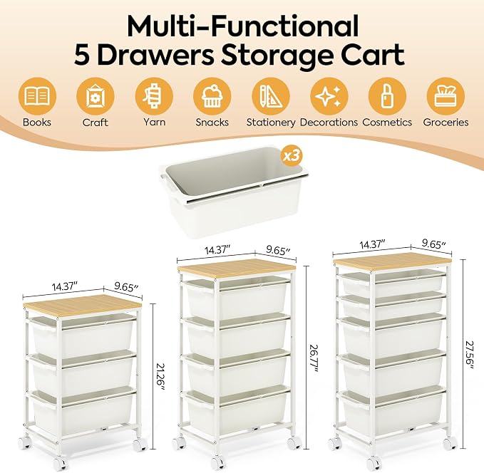 KINGBOARD Slim Rolling Cart with 3 Drawers, Metal Utility Storage Cart | Wooden Tabletop, Lockable Wheels, Under Desk Trolley for Bedroom, Children's Room and Office Organization, White - Image 2