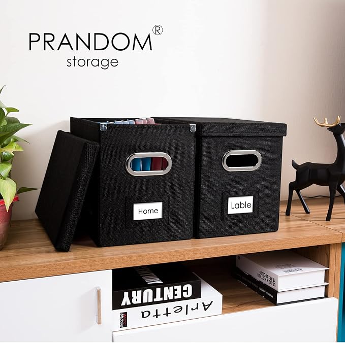 File Organizer Box - Set of 2 Collapsible Decorative Linen Filing Storage Hanging File Folders with Lids Office Cabinet Letter Size Black (14x9.3x10.8 inch) - Image 2