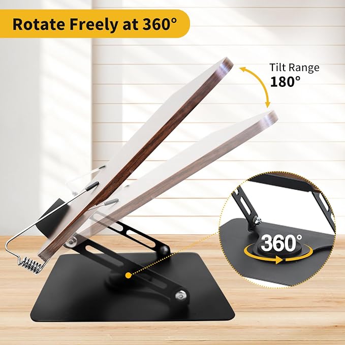 Book Stand for Reading, Adjustable Book Holder with 360°Rotating Bases, Foldable Book Holders for Reading Hands Free with Elastic Page Clips,Fits for Book,Recipe,Music Scores, Kindle,Magazines,Tablets - Image 2