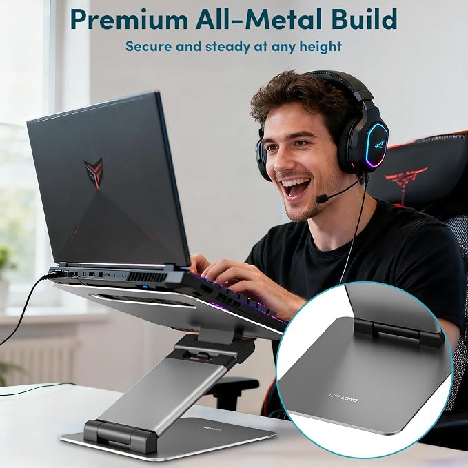 Lifelong Aluminum Adjustable Laptop Stand, Extra Tall 20" Riser, Grey | Ergonomic Portable Foldable Computer Stand, Fits 10-17” Laptops for Office Meetings, Teamwork & Desk Setup - Image 5