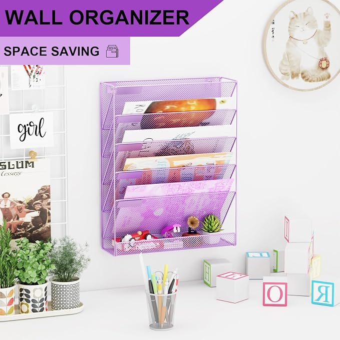 Wall File Organizer Holder Mesh Hanging Paper Document Holder, Vertical 6 Pocket Tier for Office Home, Light Purple - Image 2
