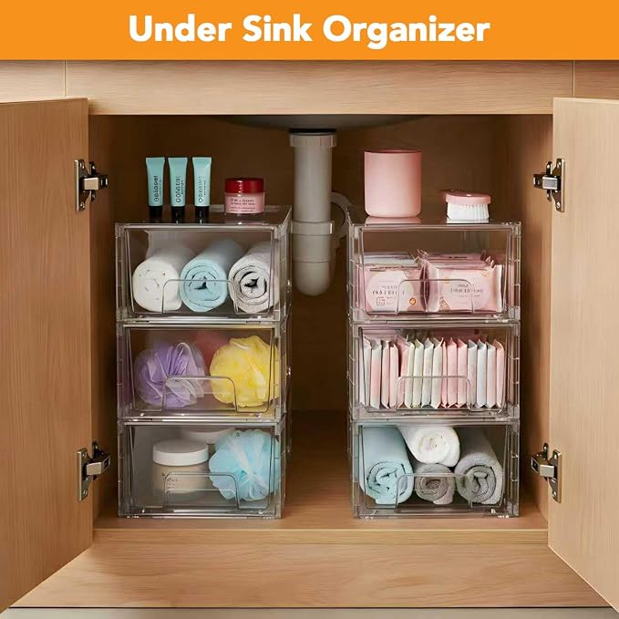 4 Pack Stackable Storage Drawers with Handles, Easy Assembly Clear Acrylic Fridge Organizer, Refrigerator Organizers and Storage for Kitchen, Under Sink, Pantry, Bathroom - Image 7