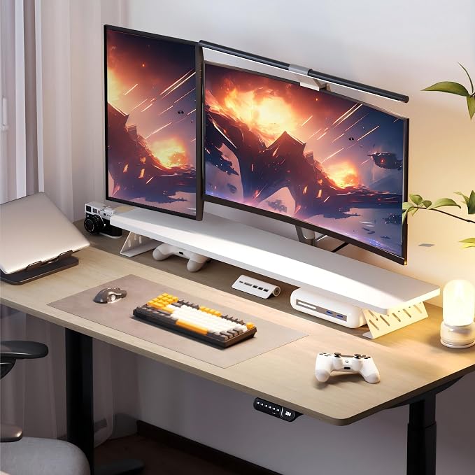 Fenge Monitor Stand Riser, Wooden & Metal Desk Shelf Organizer, White | 42.5 Inch Dual Monitor Riser for 2 Monitors, Multifunctional Monitor Shelf for Laptop, PC, Printer - Image 8