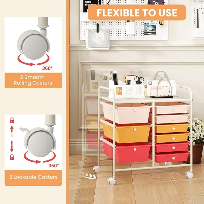 COSTWAY Rolling Storage Cart with 9 Drawer, Utility Cart with Metal Frame | Mobile Art Supply Craft Organizer, Multipurpose Storage Organizer for Paper, Office, School Teacher, Classroom, Macaron - Image 5