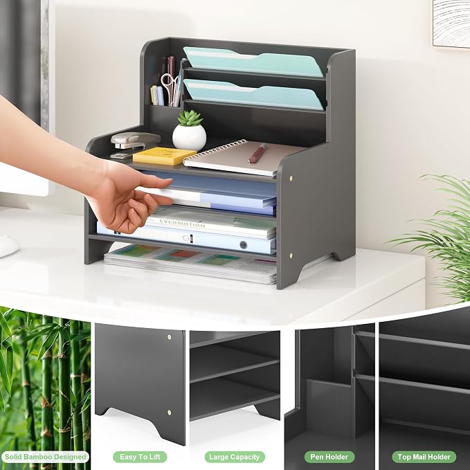 Bamboo File Organizer for Desk, Desktop Paper Tray and Mail Holder | Three open tiers keep A4/letter paper, folders, bills and mail sorted, visible and easy to reach while saving desk space - Image 4