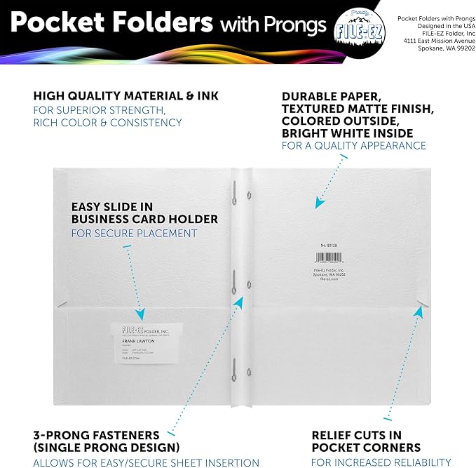 FILE-EZ Two-Pocket Folders with 3-Prong Fasteners, White Color, 25-Pack, Durable Textured Paper, Matte Finish, Letter Sheet Size (EZ-92510) - Image 2