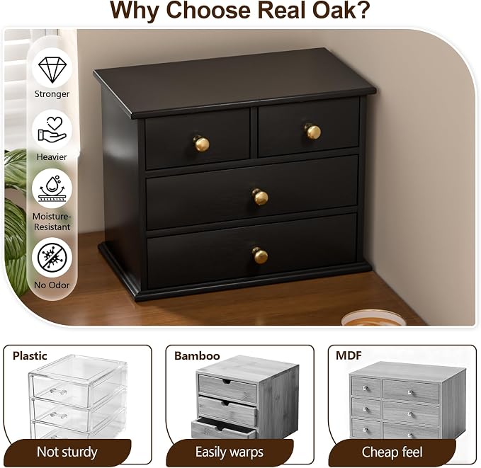 Oak Desk Organizer with Drawers, Durable Wooden Desktop Storage Box | 4 Drawer Tabletop Organizer with Metal Handles & Non-Slip Pads for Office, Bedroom, Bathroom, Vanity & Makeup Storage, Black - Image 3