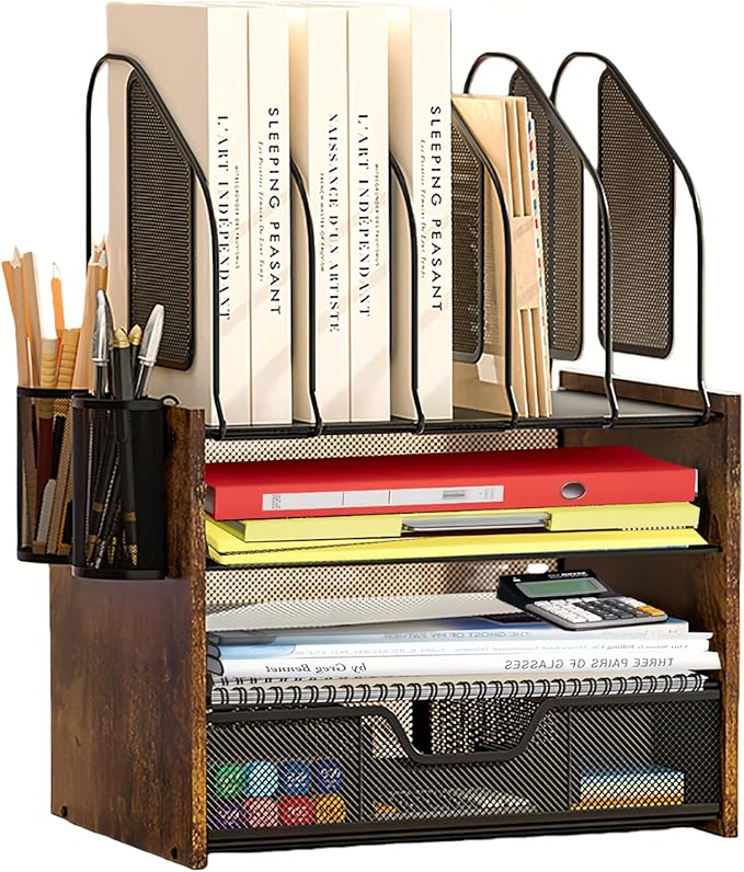 Wood Desk Organizer - 4-Tier Desktop File Organizer with Drawer, Wooden Paper Tray, Vertical File Holders & 2 Pencil Holders - Office Desk Organizer for Papers, Mail, Notebooks, Stationery by BOERSHUN