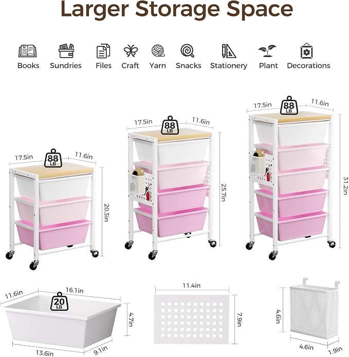 Rolling Cart with 5 Drawers, Plastic Drawer Storage Carts with Wheels & Wooden Tabletop, Metal Utility Cart with Pegboards, Office Living Room Classroom Craft Organization and Storage, Bright Pink - Image 3