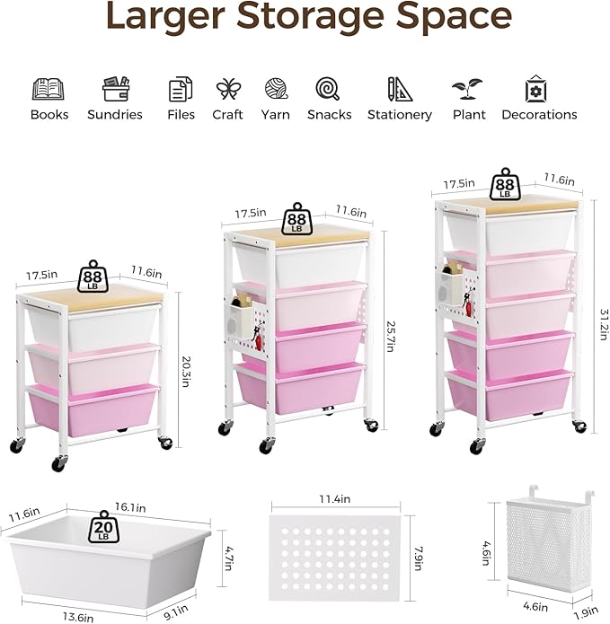 Rolling Cart with 3 Drawers, Plastic Drawer Storage Carts with Lockable Wheels & Wooden Tabletop, Metal Utility Cart Organizer, Office Bedroom Classroom Craft Organization and Storage, Bright Pink - Image 3