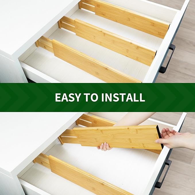 VaeFae 6 Pack Bamboo Drawer Dividers, 4" High Adjustable 11.9-17.1" Clothes Drawer Organizers, Expandable Separators for Bedroom/Bathroom/Kitchen/Office Storage - Image 4