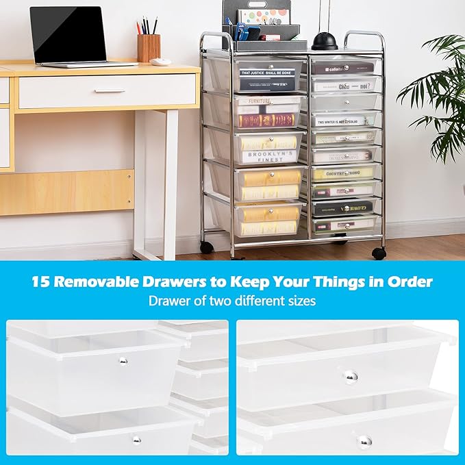 DORTALA 15-Drawer Rolling Storage Cart with Drawers, Rolling Utility Cart w/Removable Drawers & Universal Wheels, Tools Scrapbook Paper Organizer for School, Office, Home, Classroom (Clear) - Image 5