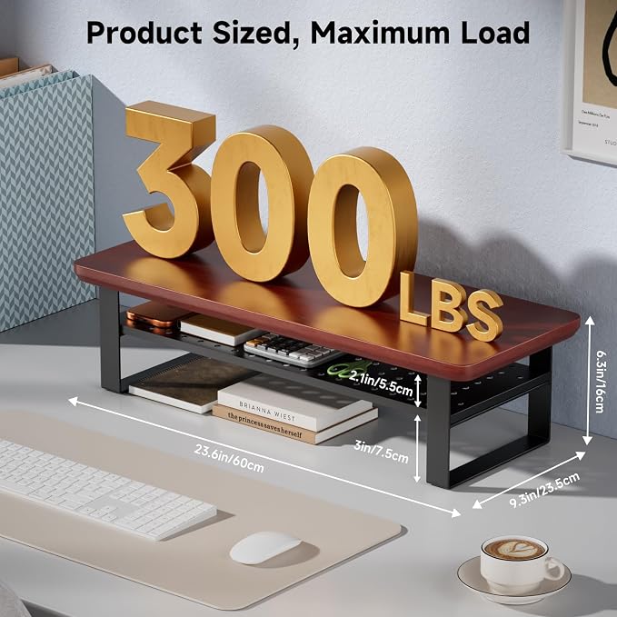 Monitor Stand Riser, 24 Inch Computer Monitor Stand for Desk, 2-Tier Wood Desk Shelf Organizer with Storage, Desktop Stand for Laptop/Screen/PC/Printer, Ergonomic Home Office Monitor Stand - Image 2