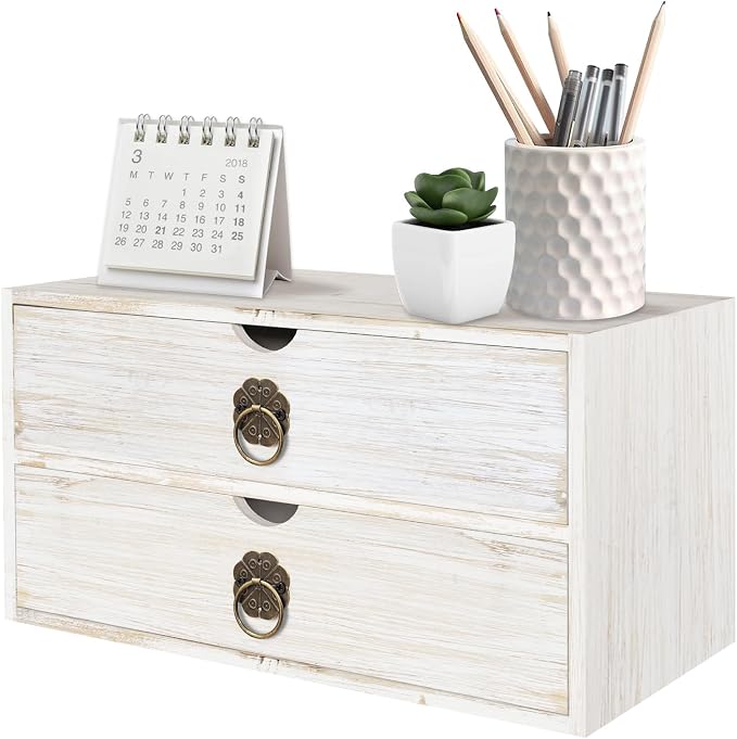 Wood Desk Organizer, White Wooden Desktop Organizer with Drawer, Tabletop Storage Organization Box for Countertop, Home Office Supplies, Bills (2 Drawer) by SEEKELEGANT