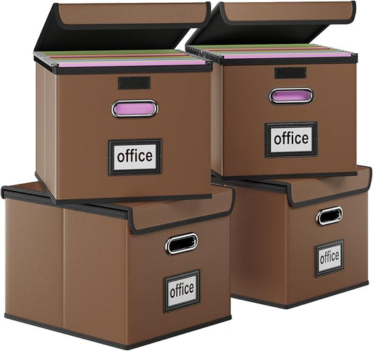 File Organizer Box with Lids, Collapsible File Folder Organizer | File Box with Plastic Slides for Document, Filing Bin for Letter Size Hanging File Folders (4 Pack, Brown, Leather) by Huolewa