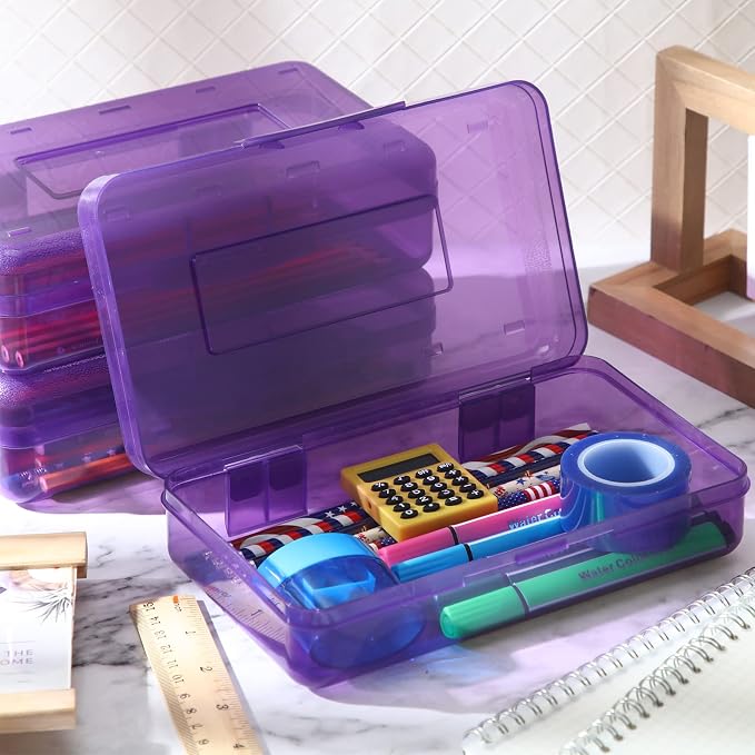 Leelosp 12 Pack Clear Pencil Boxes for School Bulk, Large Plastic Pencil Case with Lid, Stackable Hard Crayon Storage Box for Classroom Kids, Desk Drawer Organizer for Office Home(Purple) - Image 4