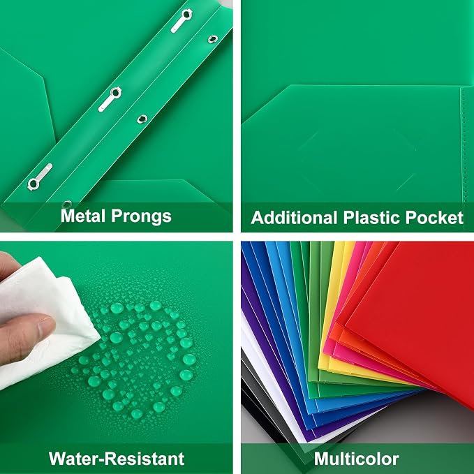 Cholemy 72 Packs Pocket Folders with Prongs Heavy Duty Plastic Folder with Business Card Slot 3 Prong Fasteners for School Office (Rainbow) - Image 3