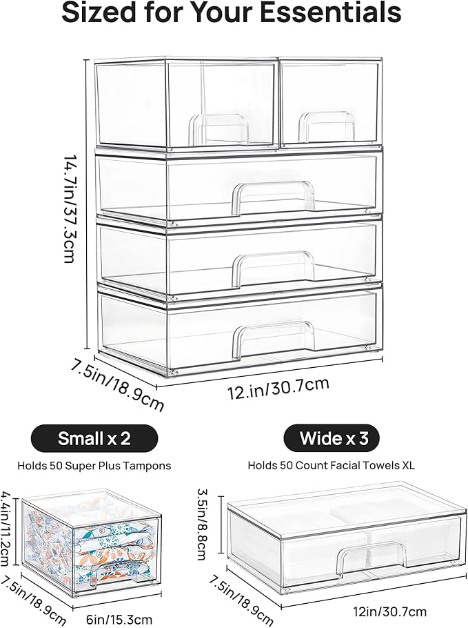 Vtopmart Clear Stackable Storage Drawers Set of 5, Plastic Organizer Bins for Makeup, Cosmetics, Beauty Supplies,Ideal for Vanity, Bathroom,Cabinet,Pantry Organization - Image 2