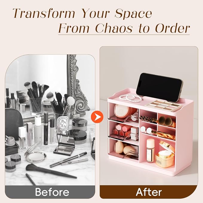 Small Makeup Organizer with Drawers, Stackable Bathroom Couneter Organizer with Phone Holder, Versatile Vanity Organizer Countertop, Cosmetic Organizer for Makeup Brush, Skin Care, Lotion -Pink,1Pack - Image 4