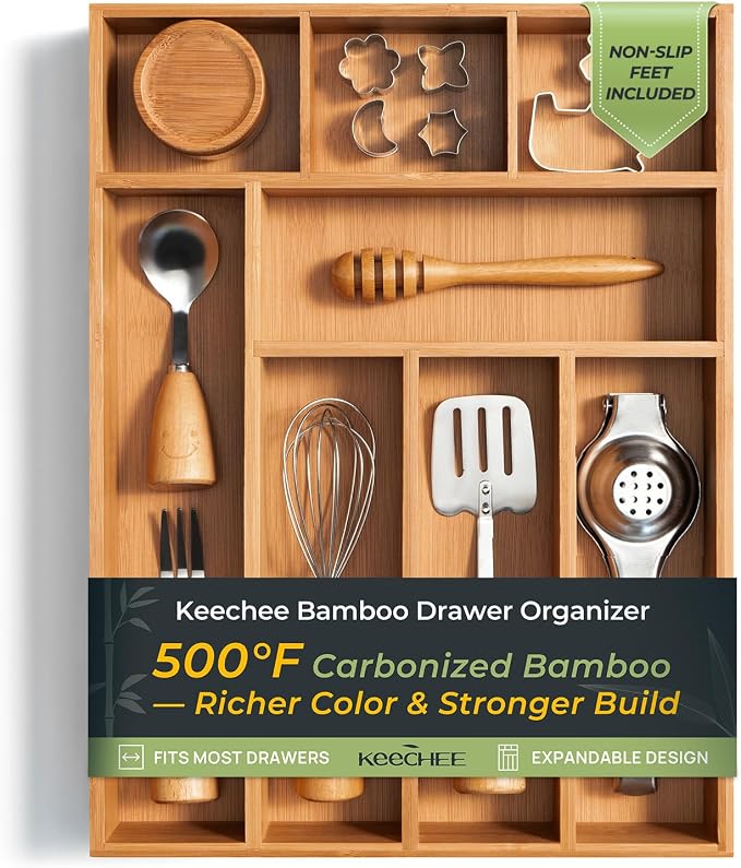 Carbonized Bamboo Kitchen Drawer Organizer, 8 Slots Silverware Organizer, Utensil Holder & Cutlery Tray, 2.2" Deep for Extra Capacity, Non-Slip Feet Included by Keechee