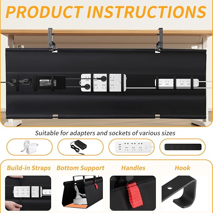 Under Desk Cable Management Tray No Drill,48Inch Cable Management,Black | Clamp and Screw Mount Cable Management Tray, Extra Large Capacity Desk Cable Management, Fabric Wire Management for Office - Image 3