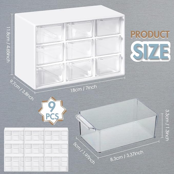 Rtteri 9 Pieces Mini Drawer Organizer Plastic Desktop Storage Box Desk Craft Organizer with 9 Clear Drawers for Office Home Jewelry Small Parts Belongings Cosmetics Collection, Wall Mounted (White) - Image 3