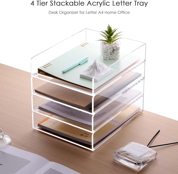 Acrylic Paper Organizer Letter Tray, Stackable Desk Organizer, 4-Tier | Desk Organizers and Accessories, Vertical File Tray, Workspace Office Supplies Organizer for Office Classroom Home, Clear - Image 2