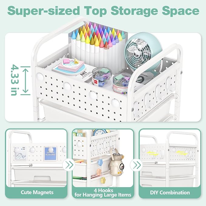SYKIARIOL 4 Drawer Rolling Storage Cart with Pegboard Top and Hooks, White | Mobile Organizer Cart with Wheels for Office Supplies, Craft Storage, Classroom Organization, Home Utility Cart - Image 4