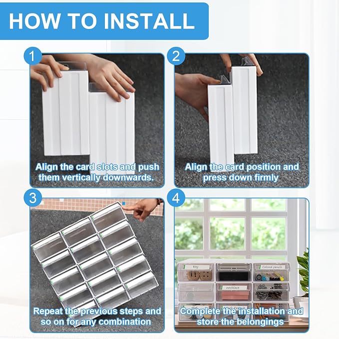 9 Pcs Drawer Stacking Storage Cabinet with 18 Pcs Clear Dividers Organizer Rack & 9 Pcs Tag Card, Plastic Stacking Storage-in-Drawer Cabinet for Home Office Small Items - Image 6