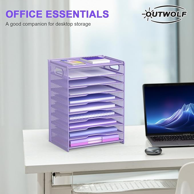 OUTWOLF 10 Tier Paper Organizer - Letter Tray Mesh Desk File Organizer with Handles for Office School Desktop, Purple - Image 2