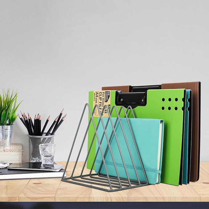 Vinyl Record Holder Storage, 9 Slot Metal Magazine Book Album Display Rack, Stylish Triangle Desktop File Sorter Organizer for Home Office, Grey - Image 6