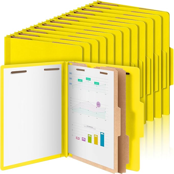 Skyygemm 48 Pcs Classification Folders Letter Size, 2 Divider Pressboard File Folders with 3. 5 Inch Expansion, 2 Prongs Fastener, Heavy Duty Office File Organizers for Teachers, Medical (Yellow) by Skyygemm